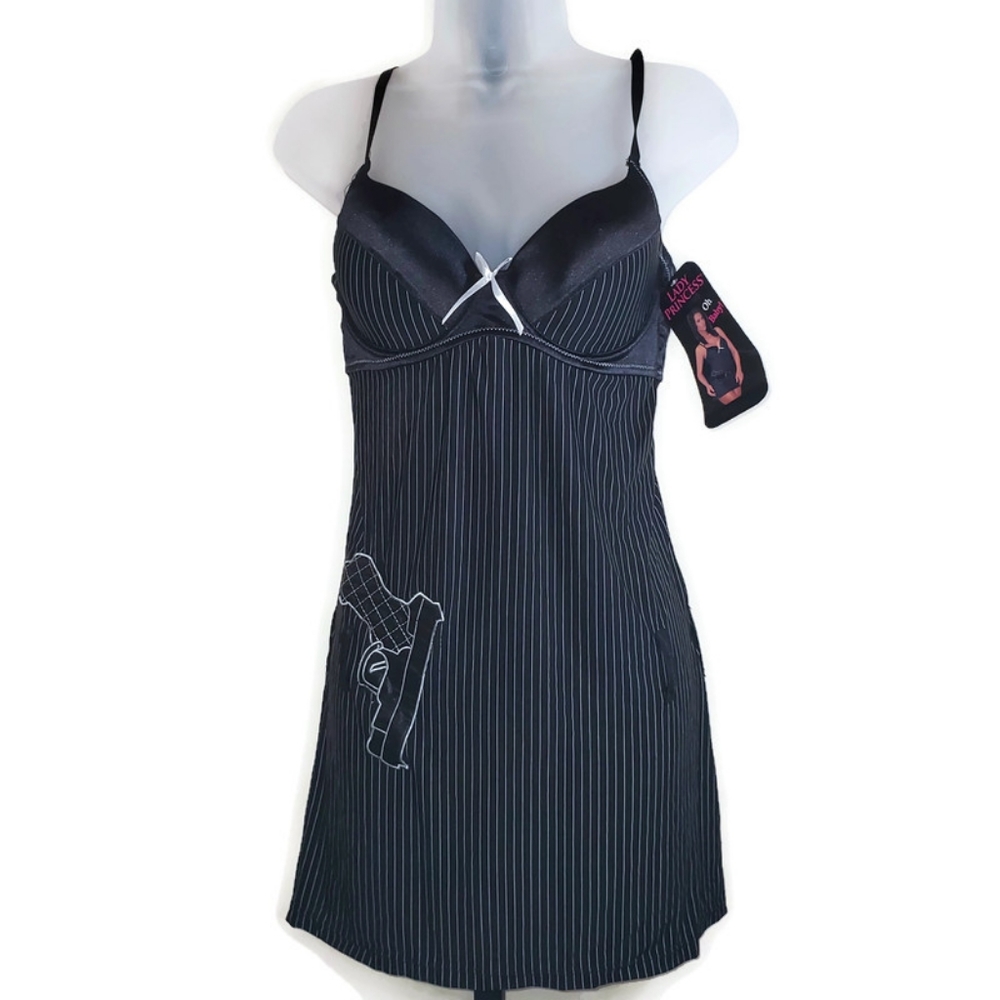 Lady Princess Black and White Stripe Dress, Thong Mafia Costume Medium